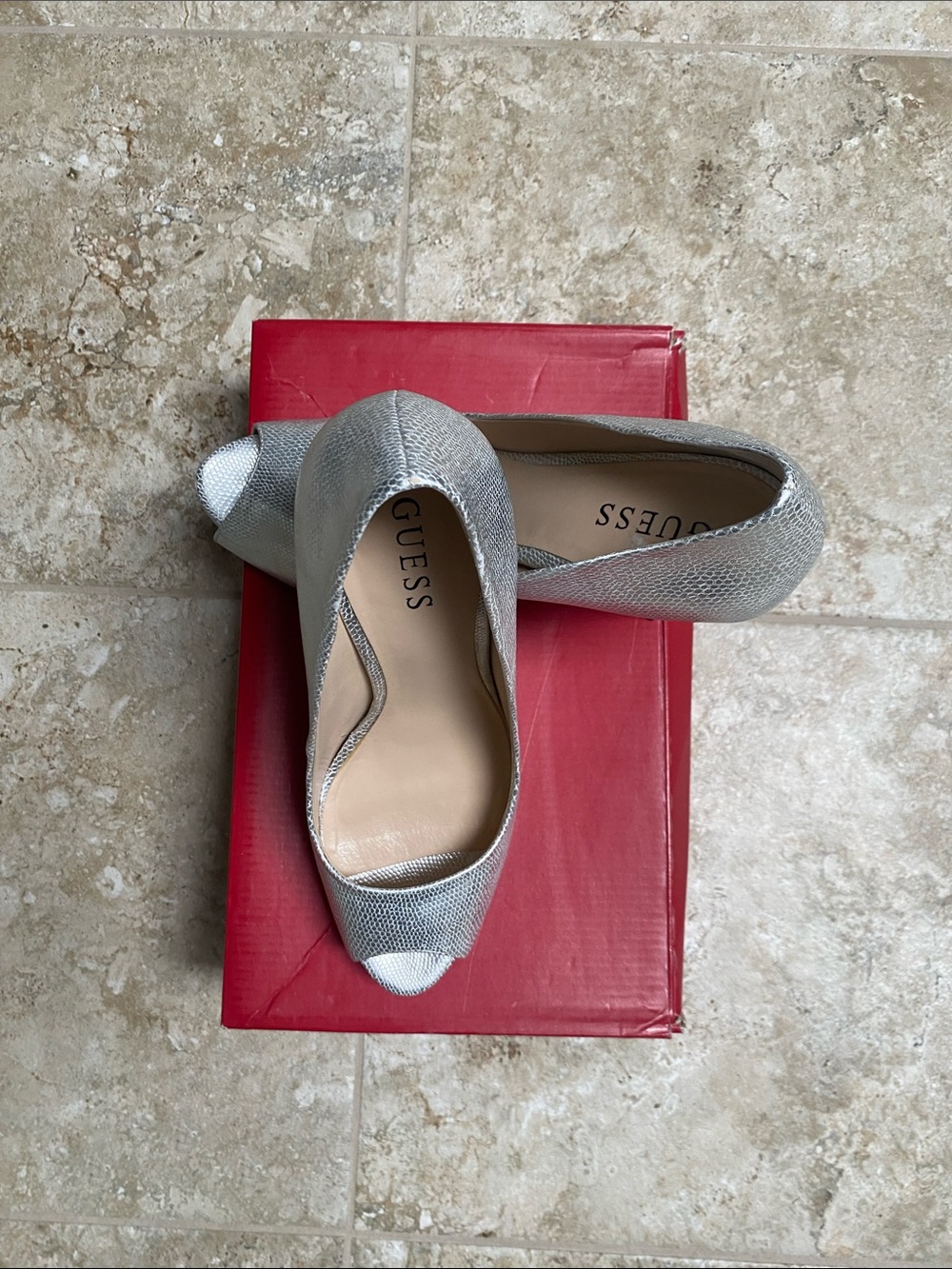 Guess Metallic Silver Peep-Toe Heels